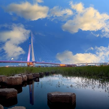 A modern neon light bridge at night, New Taipei, Taiwan