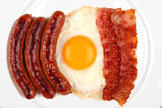 Sausages,fried egg and bacon on a white plate.