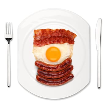 Sausages,fried egg and bacon on a white plate with cutlery.