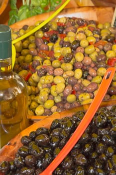 Assortment of olives, pickles and salads on market stand.(Provence, France)