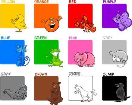 Cartoon Illustration of Primary Colors with Animals or Objects Education Set