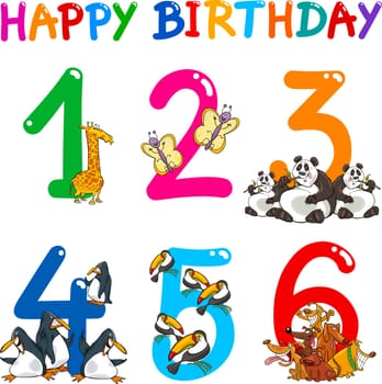 Cartoon Set Illustration of Birthday Anniversary Numbers with Funny Animals or Insects