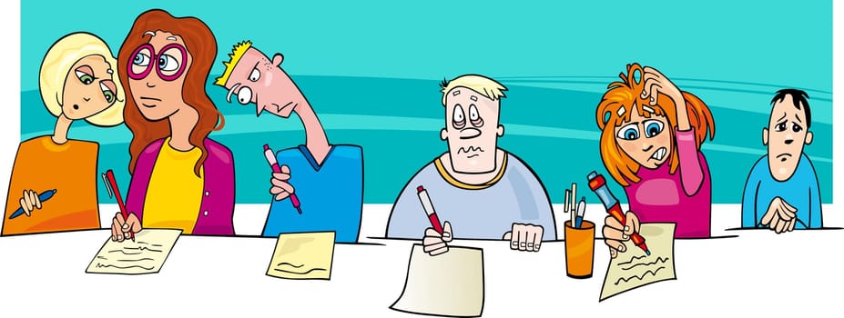 Cartoon Illustration of Pupils writing Difficult Test or Exam
