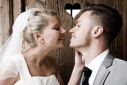 Pretty bride and groom celebrate their wedding