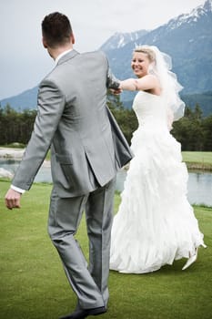 Pretty bride and groom celebrate their wedding