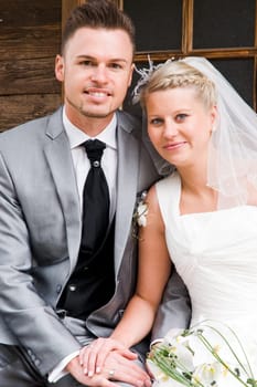 Pretty bride and groom celebrate their wedding