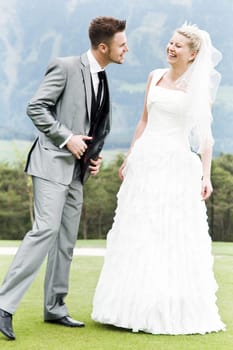 Pretty bride and groom celebrate their wedding