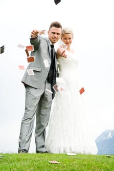 Pretty bride and groom celebrate their wedding
