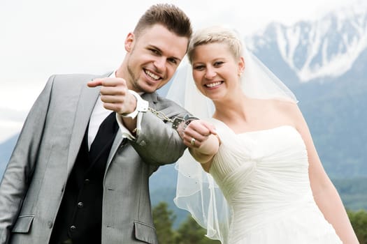 Pretty bride and groom celebrate their wedding
