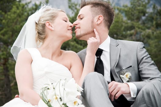 Pretty bride and groom celebrate their wedding