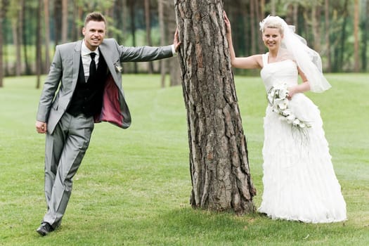 Pretty bride and groom celebrate their wedding