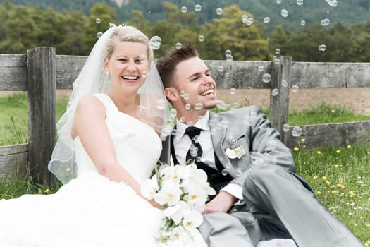 Pretty bride and groom celebrate their wedding
