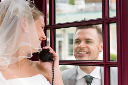 Pretty bride and groom celebrate their wedding
