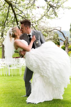 Pretty bride and groom celebrate their wedding
