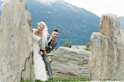 Pretty bride and groom celebrate their wedding