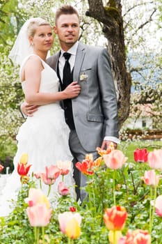 Pretty bride and groom celebrate their wedding