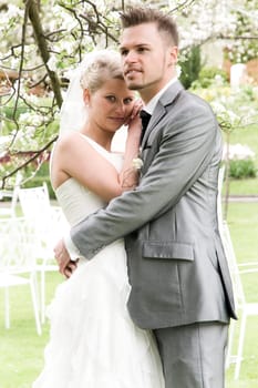Pretty bride and groom celebrate their wedding