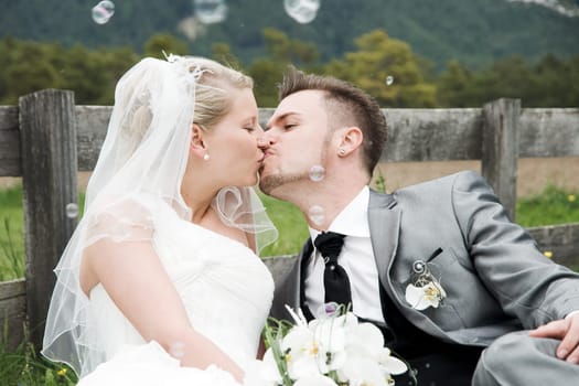 Pretty bride and groom celebrate their wedding