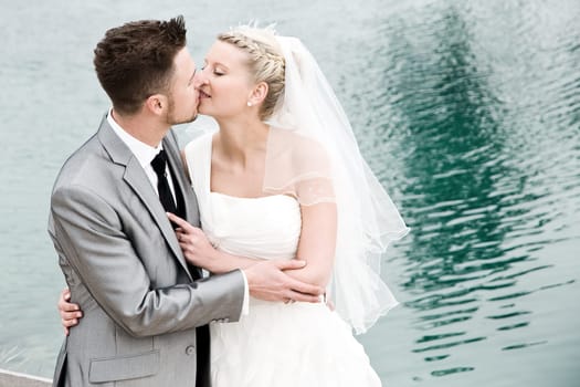 Pretty bride and groom celebrate their wedding