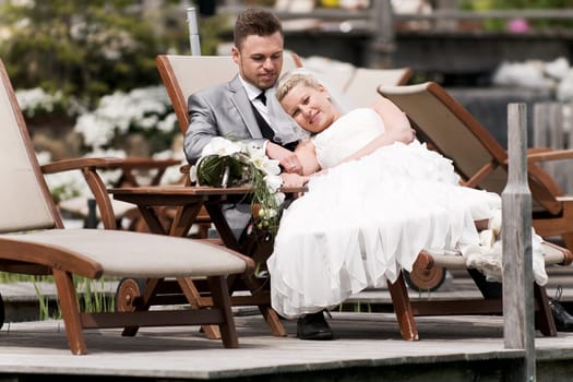 Pretty bride and groom celebrate their wedding