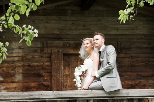 Pretty bride and groom celebrate their wedding