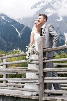 Pretty bride and groom celebrate their wedding