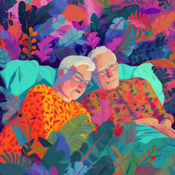 woman man partner happy couple bedtime mature lifestyle elderly love cartoon home male retired aged asleep old married happiness grandfather together bed. Generative AI.