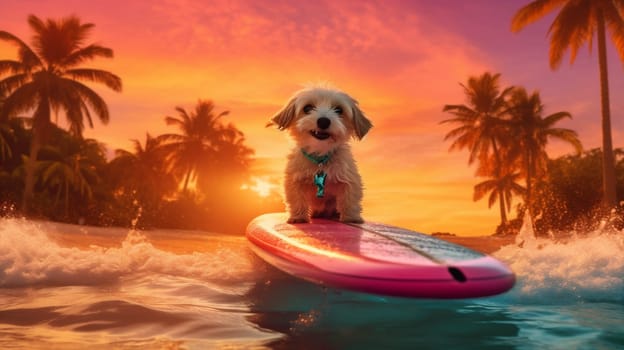funny dog ai puppy summer wave tropical shades hawaiian vacation ocean animal flower surfing terrier beach labrador surfer hawaii sun. Generative AI.