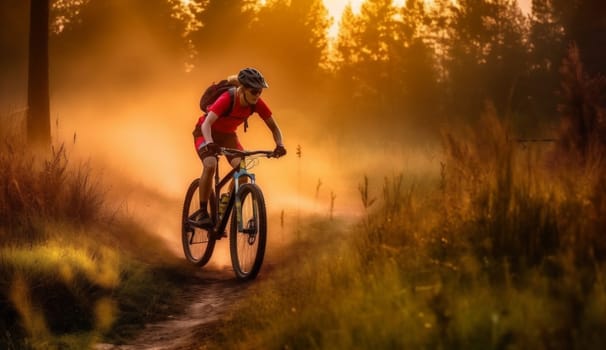summer woman dark cycle cycling active walking bicycle forest sunset road young nature night healthy sport riding bike travel wood mountain. Generative AI.