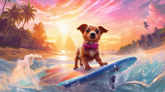 sport dog vacation board puppy surfer beach sun trip water flower funny cute summer sea wave humor retro ocean animal. Generative AI.
