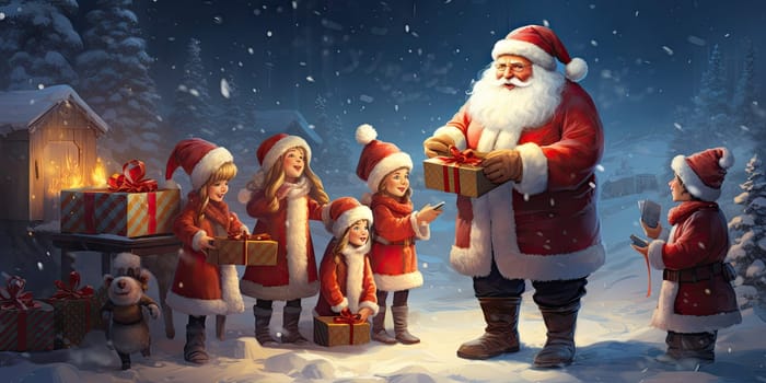 Santa Claus party with children and a snowman on Christmas day outside filled with snow and gift boxes by Generative AI.