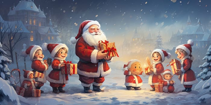 Santa Claus party with children and a snowman on Christmas day outside filled with snow and gift boxes by Generative AI.