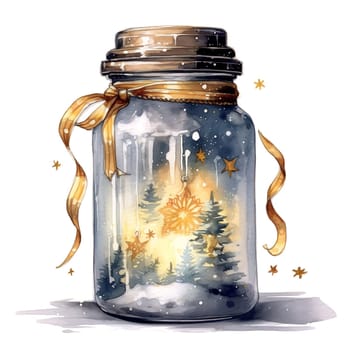 Watercolor Christmas Glass Jar Magic Night Xmas. AI Generated.