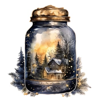 Watercolor Christmas Glass Jar Magic Night Xmas. AI Generated.
