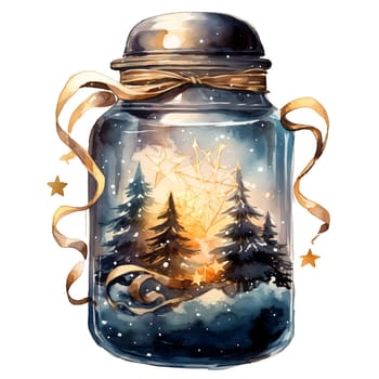 Watercolor Christmas Glass Jar Magic Night Xmas. AI Generated.