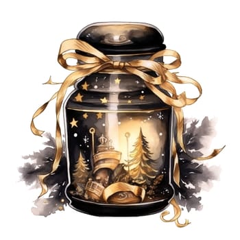 Watercolor Christmas Glass Jar Magic Night Xmas. AI Generated.