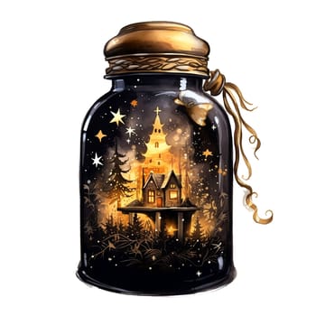 Watercolor Christmas Glass Jar Magic Night Xmas. AI Generated.