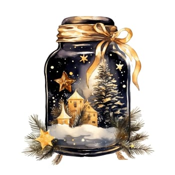 Watercolor Christmas Glass Jar Magic Night Xmas. AI Generated.