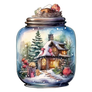 Watercolor Christmas Glass Jar Magic Night Xmas. AI Generated.