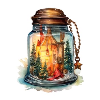 Watercolor Christmas Glass Jar Magic Night Xmas. AI Generated.