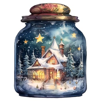 Watercolor Christmas Glass Jar Magic Night Xmas. AI Generated.