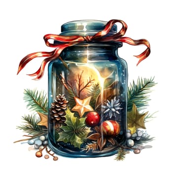 Watercolor Christmas Glass Jar Magic Night Xmas. AI Generated.