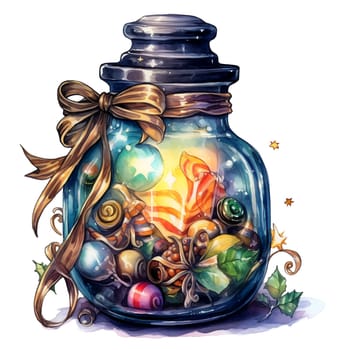 Watercolor Christmas Glass Jar Magic Night Xmas. AI Generated.