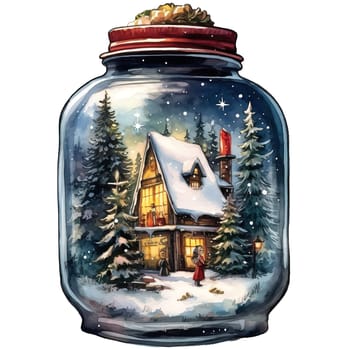 Watercolor Christmas Glass Jar Magic Night Xmas. AI Generated.