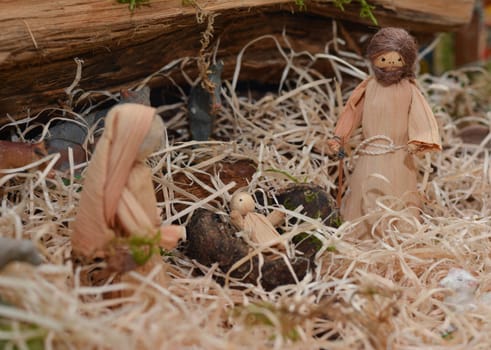 Christmas creche with Joseph Mary and small Jesus