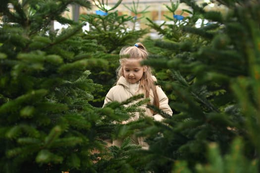Small girl chooses a Christmas tree in the shop.