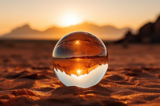 A glass ball in the middle of the desert in the rays of sunset. Close-up, beautiful view. Generated by artificial intelligence