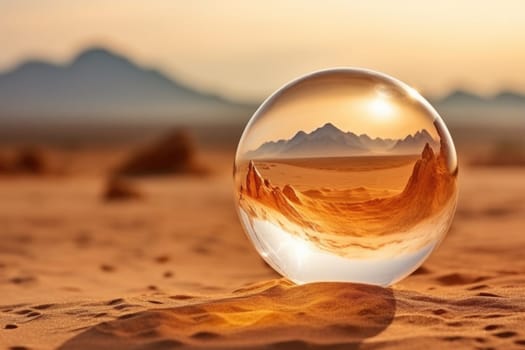 A glass ball in the middle of the desert in the rays of sunset. Close-up, beautiful view.