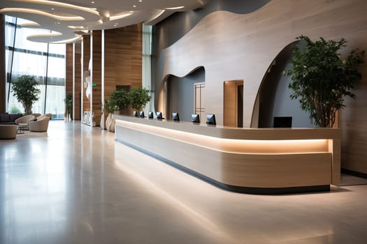 Empty modern reception desk in the lobby of a hotel, office. Registration of visitors. Book a room while on vacation or work. Generated by artificial intelligence