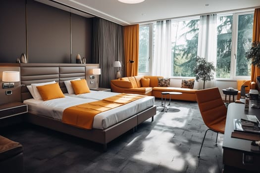 Luxurious, bright bedroom with a comfortable double bed, modern furniture and a beautiful view from the window. Concept of interior, architecture, travel. Generated by artificial intelligence